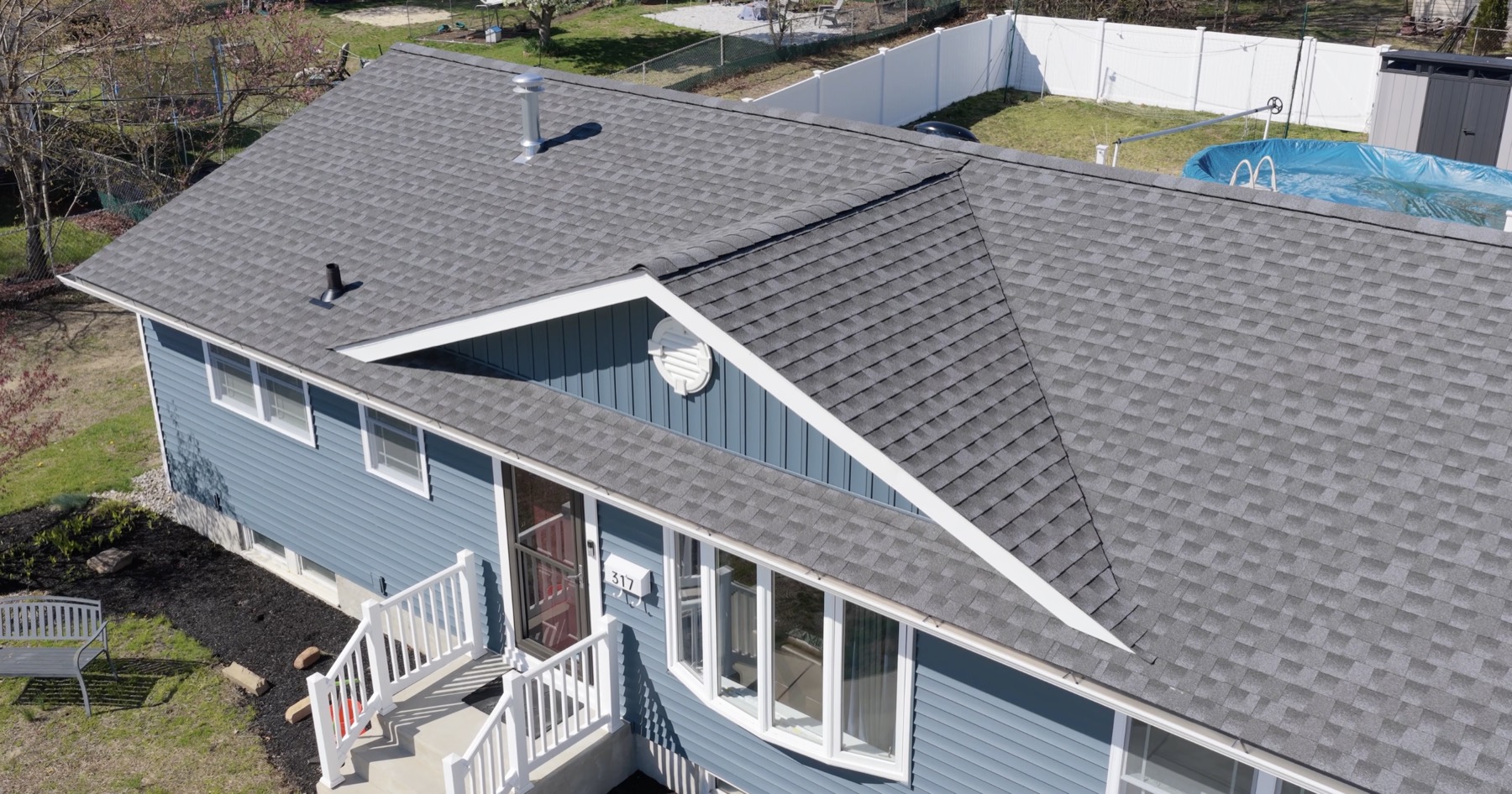 Close aerial view of a residential asphalt shingle roof